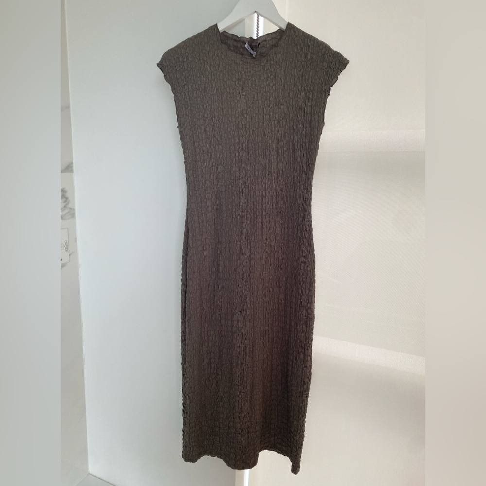 Zara Dusty Olive Green Long Textured Dress Size Medium